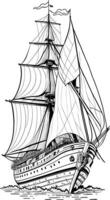 Old vintage sailing boat, caravel, hand-drawn vector sketch.