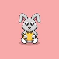 cute rabbit drinking hot coffee cartoon illustration vector