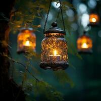 Hanging lantern with a candle on tree branches. AI Generative. photo