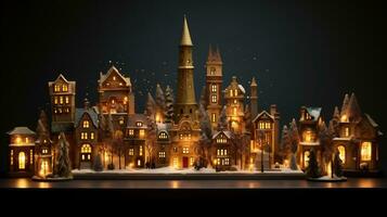 miniatura invierno casas composición con luces y Navidad arboles debajo nieve. ai generativo foto