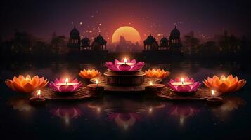 Candles lights and city bokeh background celebrate Indian Holiday Diwali. AI Generative. photo