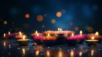 Candle light and bokeh background celebrate Indian Holiday Diwali. AI Generative photo