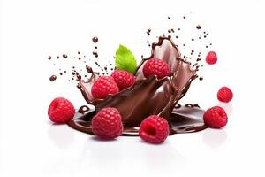 Chocolate splash with raspberries on white background. AI Generative photo