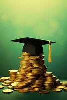 Graduated cap with coins on green background. Saving for education, grant concept. AI generative photo