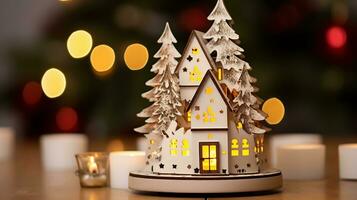 Lantern shape winter houses with candles. Coziness home decorations for the Christmas holidays. AI Generative. photo