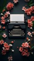 Typewriter withflowers on a dark background top view. AI Generated photo