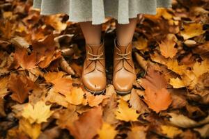 Beautiful legs in vintage shoes of a young girl stay in fallen leaves. Autumn concept. AI Generative photo