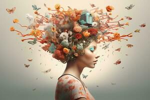 Female head with creative mess, butterflies, flowers. Mind care, mental health concept. AI Generated photo