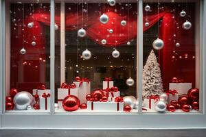 Shop Window with festive red white Christmas decorations. AI Generative photo