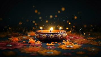 Candle light and bokeh celebrate Indian Holiday Diwali. AI Generative. photo