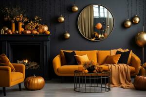 Modern living room with sofa and fireplace decorated with pumpkins for thanksgiving day. AI Generative photo