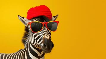 A zebra in yellow-red glasses and a cap on a orange background. AI Generative. Copy space. photo