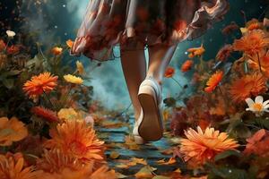 Beautiful legs of a young girl moving on fallen leaves and flowers. Autumn concept. AI Generative photo