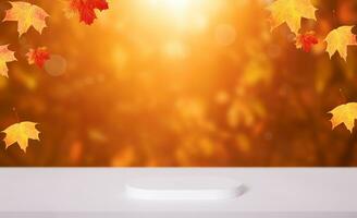 blanco podio o pedestal y naranja roja arce hojas otoño otoño antecedentes. otoño modelo para productos foto
