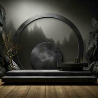 Black stone circle podium pedestal product stage platform 3d background. Generative AI photo