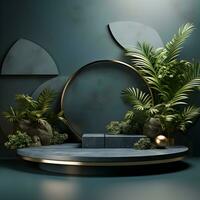 3d render of black and gold pedestal podium on background with neon stage light abstract minimal concept decorate with plant, blank space luxury minimal clean design AI Generative photo