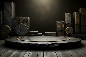 Futuristic dark room with stone floor, 3d render. AI Generative Illustration. Podium for product shoot. photo