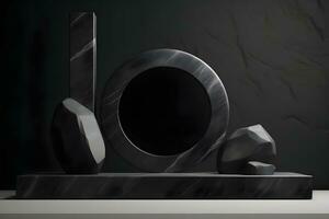 Futuristic dark room with stone floor, 3d render. AI Generative Illustration. Podium for product shoot. photo