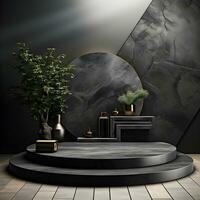 Black stone circle podium pedestal product stage platform 3d background. Generative AI photo