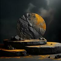 Black stone circle podium pedestal product stage platform 3d background. Generative AI photo