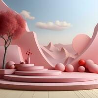 3d render, abstract minimal scene with round podium and mountains in the background AI Generative Illustration. Podium for product shoot. photo