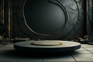 Futuristic dark room with stone floor, 3d render. AI Generative Illustration. Podium for product shoot. photo