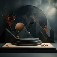 3d render of black and gold pedestal podium on background with neon stage light abstract minimal concept decorate with plant, blank space luxury minimal clean design AI Generative photo