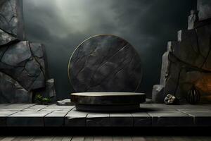 Futuristic dark room with stone floor, 3d render. AI Generative Illustration. Podium for product shoot. photo