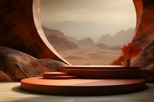 3D realistic podium for product shooting with a lot of space to put a product with Abstract scene concept AI Generative Illustration. photo