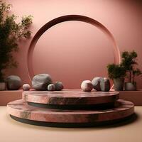 3d render, abstract minimal scene with round podium and mountains in the background AI Generative Illustration. Podium for product shoot. photo