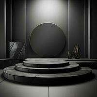 Stone and rock shape 3d render illustration. Round podium, pedestal for brand product exhibition. Solid dark black color AI Generative Illustration. photo