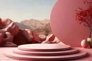 3D realistic podium for product shooting with a lot of space to put a product with Abstract scene concept AI Generative Illustration. photo