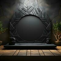 Black stone circle podium pedestal product stage platform 3d background. Generative AI photo