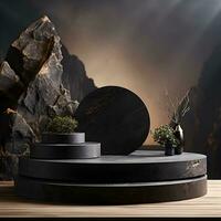 Black stone circle podium pedestal product stage platform 3d background. Generative AI photo