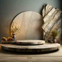 3d render, abstract minimal scene with round podium and mountains in the background AI Generative Illustration. Podium for product shoot. photo