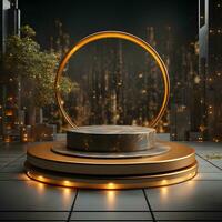 3d render of black and gold pedestal podium on background with neon stage light abstract minimal concept decorate with plant, blank space luxury minimal clean design AI Generative photo