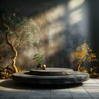 3d render of black and gold pedestal podium on background with neon stage light abstract minimal concept decorate with plant, blank space luxury minimal clean design AI Generative photo