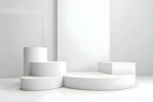 3d render of white round podium on the wooden floor in the modern room. AI Generative Illustration. Podium for product shoot. Marble , plant, Minimal Display for product. photo