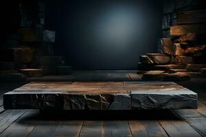 Futuristic dark room with stone floor, 3d render. AI Generative Illustration. Podium for product shoot. photo