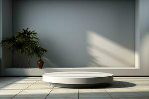 3d render of white round podium on the wooden floor in the modern room. AI Generative Illustration. Podium for product shoot. Minimal Display for product. photo