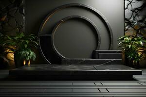 Futuristic dark room with stone floor, 3d render. AI Generative Illustration. Podium for product shoot. photo