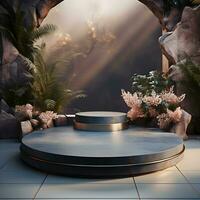 3d render of black and gold pedestal podium on background with neon stage light abstract minimal concept decorate with plant, blank space luxury minimal clean design AI Generative photo