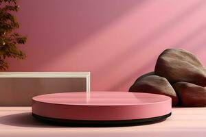 3D realistic podium for product shooting with a lot of space to put a product with Abstract scene concept AI Generative Illustration. photo