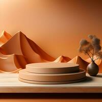 3d render, abstract minimal scene with round podium and mountains in the background AI Generative Illustration. Podium for product shoot. photo