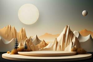 3D realistic podium for product shooting with a lot of space to put a product with Abstract scene concept AI Generative Illustration. photo