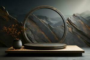 3D rendering of a dark stone platform with a round frame. AI Generative Illustration. Podium for product shoot. photo