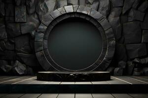 Futuristic dark room with stone floor, 3d render. AI Generative Illustration. Podium for product shoot. photo