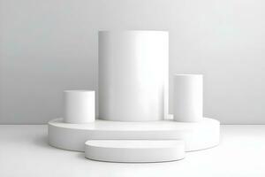 3d render of white round podium on the wooden floor in the modern room. AI Generative Illustration. Podium for product shoot. Marble , plant, Minimal Display for product. photo