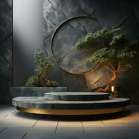 3d render of black and gold pedestal podium on background with neon stage light abstract minimal concept decorate with plant, blank space luxury minimal clean design AI Generative photo