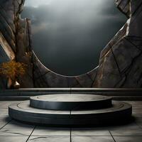 Black stone circle podium pedestal product stage platform 3d background. Generative AI photo